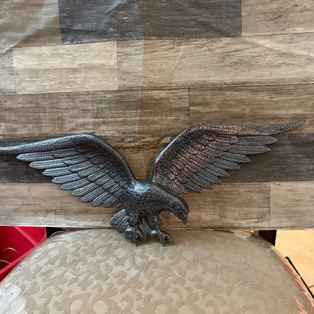 Vintage Metal Eagle Wall Decor Hammered Silver Black Finish 23.5 Inch Wingspan